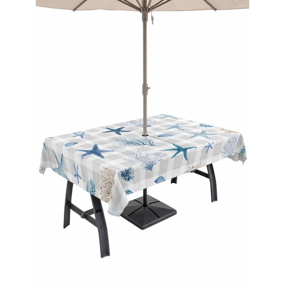 Outdoor Tablecloth with Umbrella Hole for Patio/Picnic/Party/Camping, Blue Starfish Coastal Waterproof Table Cloth Rectangle Table Cover Washable, Summer Beach Coral Grey Plaid (54"x 80")