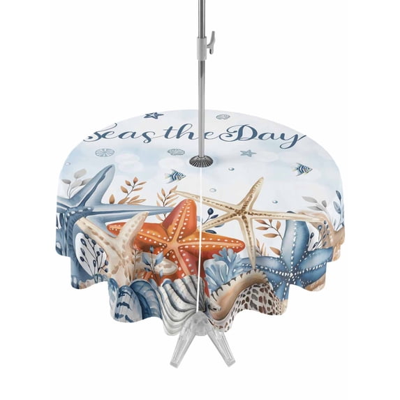 Outdoor Tablecloth with Umbrella Hole for Patio/Picnic/Party/Camping, Blue Starfish Coastal Waterproof Table Cloth Round Cover Washable, Nautical Shell Coral Botanical Ocean (Dia 60")