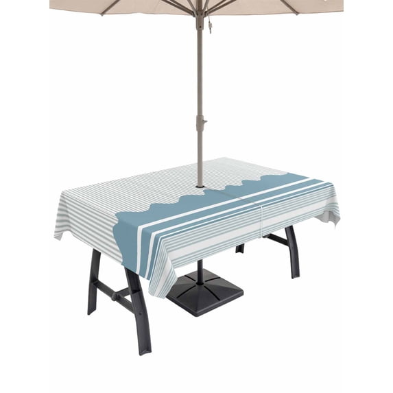 Outdoor Tablecloth with Umbrella Hole for Patio/Picnic/Party/Camping, Blue Striped Waterproof Table Cloth Rectangle Table Cover Washable, Abstract Modern Geometric Stripes (60"x 102")