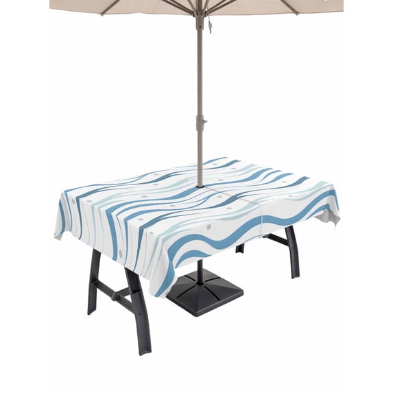 Outdoor Tablecloth with Umbrella Hole for Patio/Picnic/Party/Camping, Blue Stripes Waterproof Table Cloth Rectangle Table Cover Washable, Modern Gradient Abstract Ocean Waves Lines (60"x 102")