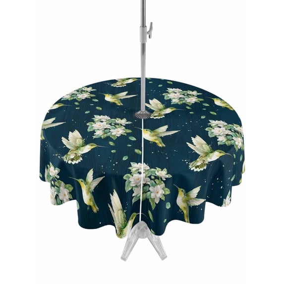 Outdoor Tablecloth with Umbrella Hole for Patio/Picnic/Party/Camping, Blue Summer Botanical Waterproof Table Cloth Round Cover Washable, Green Spring Floral Birds Farmhouse (Dia 54")