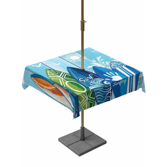 Outdoor Tablecloth with Umbrella Hole for Patio/Picnic/Party/Camping, Blue Surfboard Waterproof Table Cloth Square Cover Washable, Summer Beach Tropical Coconut Tree Wooden (54"x 54")