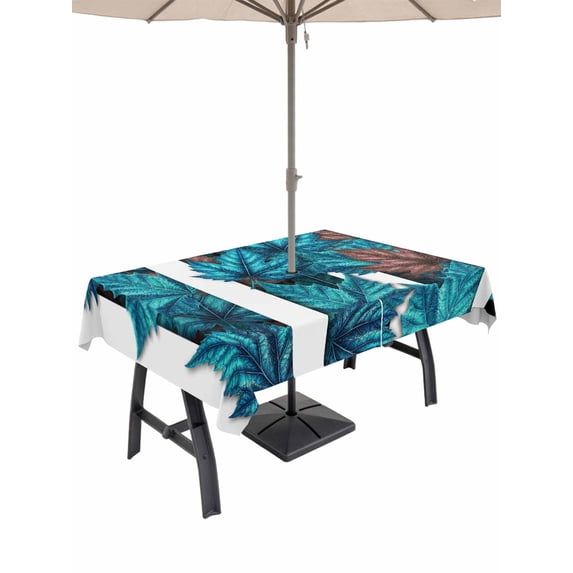 Outdoor Tablecloth with Umbrella Hole for Patio/Picnic/Party/Camping, Blue Teal Botanical Waterproof Table Cloth Rectangle Table Cover Washable, Maple Leaf Vintage Wooden (60"x 84")