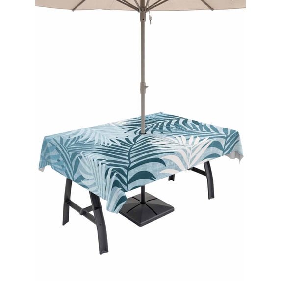 Outdoor Tablecloth with Umbrella Hole for Patio/Picnic/Party/Camping, Blue Teal Palm Leaves Waterproof Table Cloth Rectangle Table Cover Washable, Summer Botanical Tropical Leaf (60"x 102")