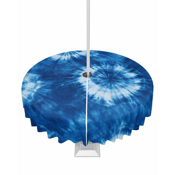 Outdoor Tablecloth with Umbrella Hole for Patio/Picnic/Party/Camping, Blue Tie Dye Waterproof Table Cloth Round Cover Washable, Boho Ethnic Abstract Ombre Pattern Art Dia 54"