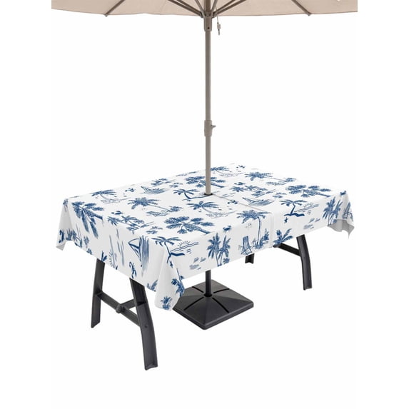 Outdoor Tablecloth with Umbrella Hole for Patio/Picnic/Party/Camping, Blue Tropical Plant Waterproof Table Cloth Rectangle Table Cover Washable, Summer Palm Trees Coastal Nautical (54"x 80")