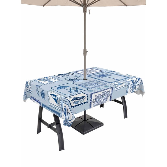 Outdoor Tablecloth with Umbrella Hole for Patio/Picnic/Party/Camping, Blue Tropical Plants Waterproof Table Cloth Rectangle Table Cover Washable, Summer Coastal Plaid Coconut Tree (60"x 120")