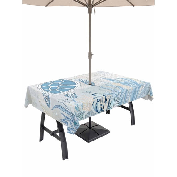 Outdoor Tablecloth with Umbrella Hole for Patio/Picnic/Party/Camping, Blue Turtle Coastal Waterproof Table Cloth Rectangle Table Cover Washable, Coral Summer Beach Nautical Ocean Blue (60"x 102")
