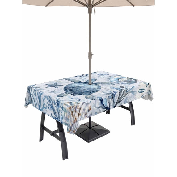 Outdoor Tablecloth with Umbrella Hole for Patio/Picnic/Party/Camping, Blue Turtle Coastal Waterproof Table Cloth Rectangle Table Cover Washable, Summer Beach Coral Conch Shell (52"x 70")