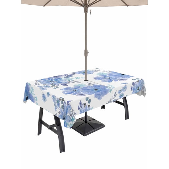 Outdoor Tablecloth with Umbrella Hole for Patio/Picnic/Party/Camping, Blue Watercolor Floral Waterproof Table Cloth Rectangle Table Cover Washable, Spring Flower Abstract Art (54"x 80")