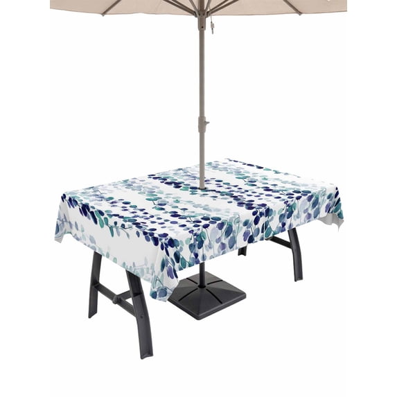 Outdoor Tablecloth with Umbrella Hole for Patio/Picnic/Party/Camping, Blue Weeping Eucalyptus Waterproof Table Cloth Rectangle Table Cover Washable, Spring Summer Farmhouse Leaves (60"x 84")