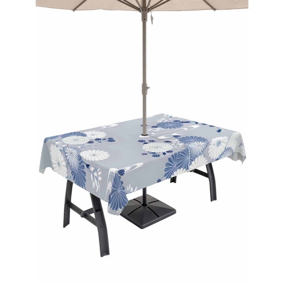 Outdoor Tablecloth with Umbrella Hole for Patio/Picnic/Party/Camping, Blue White Floral Waterproof Table Cloth Rectangle Table Cover Washable, Spring Botanical Leaves Farmhouse (52"x 70")