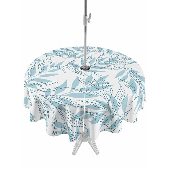Outdoor Tablecloth with Umbrella Hole for Patio/Picnic/Party/Camping, Blue Willow Leaves Waterproof Table Cloth Round Cover Washable, Modern Dotted Boho Minimalist Art (Dia 60")