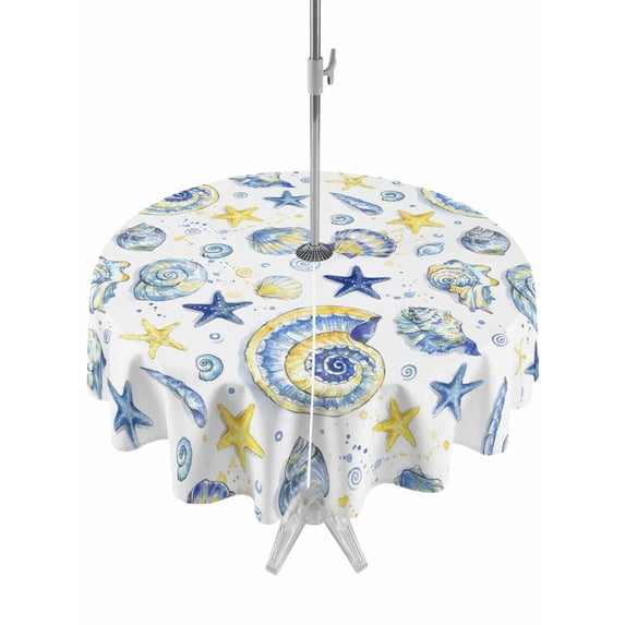 Outdoor Tablecloth with Umbrella Hole for Patio/Picnic/Party/Camping, Blue Yellow Conch Waterproof Table Cloth Round Cover Washable, Summer Ocean Starfish Shells Bubble (Dia 54")