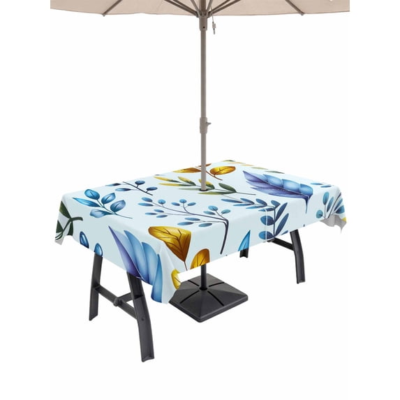 Outdoor Tablecloth with Umbrella Hole for Patio/Picnic/Party/Camping, Blue Yellow Leaves Waterproof Table Cloth Rectangle Table Cover Washable, Spring Botanical Leaf Farmhouse Watercolor (60"x 120")