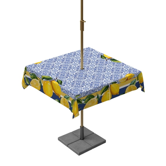 Outdoor Tablecloth with Umbrella Hole for Patio/Picnic/Party/Camping, Blue Yellow Lemon Waterproof Table Cloth Square Cover Washable, Summer Country Fruits Italian Style (54"x 54")