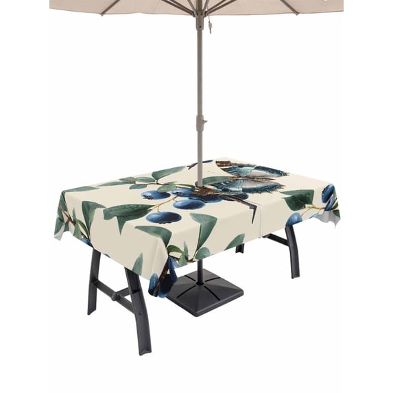 Outdoor Tablecloth with Umbrella Hole for Patio/Picnic/Party/Camping, Blueberry Spring Leaves Waterproof Table Cloth Rectangle Table Cover Washable, Beige Botanical Branches (54"x 80")
