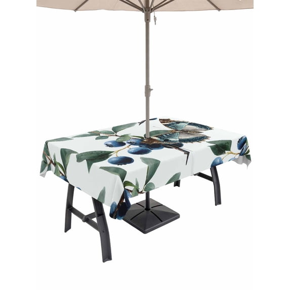 Outdoor Tablecloth with Umbrella Hole for Patio/Picnic/Party/Camping, Blueberry Spring Leaves Waterproof Table Cloth Rectangle Table Cover Washable, Farmhouse Botanical Branches (60"x 102")