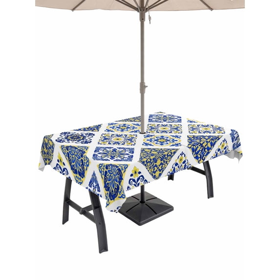 Outdoor Tablecloth with Umbrella Hole for Patio/Picnic/Party/Camping, Bohemia Style Waterproof Table Cloth Rectangle Table Cover Washable, Abstract Middle Century Aztec Pattern Blue (52"x 70")