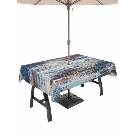 Outdoor Tablecloth with Umbrella Hole for Patio/Picnic/Party/Camping, Bohemia Waterproof Table Cloth Rectangle Table Cover Washable, Vintage Abstract Minimalist Texture Blue Brown (60"x 102")