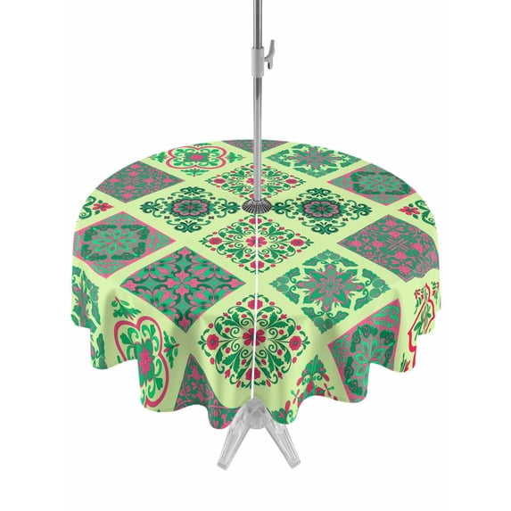 Outdoor Tablecloth with Umbrella Hole for Patio/Picnic/Party/Camping, Bohemia Waterproof Table Cloth Round Cover Washable, Vintage Country Farmhouse Boho Style Light Green (Dia 60")