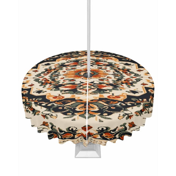 Outdoor Tablecloth with Umbrella Hole for Patio/Picnic/Party/Camping, Bohemian Floral Waterproof Table Cloth Round Cover Washable, Vintage Boho Retro Ethnic Tribes Dia 54"