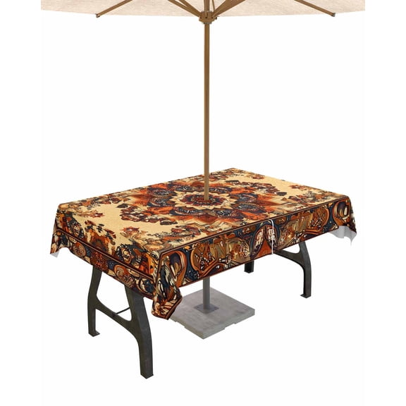 Outdoor Tablecloth with Umbrella Hole for Patio/Picnic/Party/Camping, Bohemian Flower Waterproof Table Cloth Rectangle Table Cover Washable, Boho Tribal Colorful Distressed Printed 52"x 70"