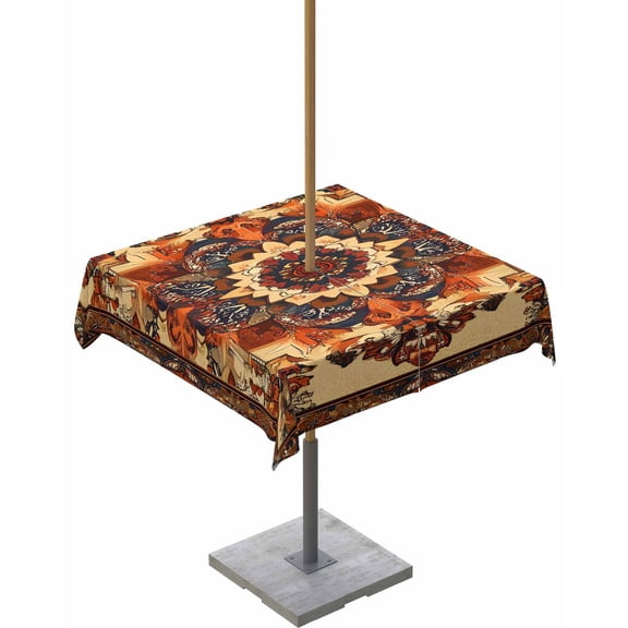 Outdoor Tablecloth with Umbrella Hole for Patio/Picnic/Party/Camping, Bohemian Flower Waterproof Table Cloth Square Cover Washable, Boho Tribal Colorful Distressed Printed 54"x 54"