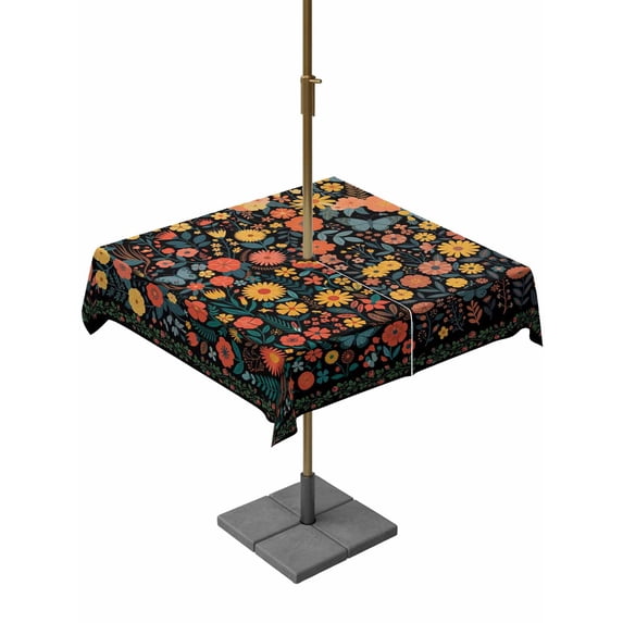 Outdoor Tablecloth with Umbrella Hole for Patio/Picnic/Party/Camping, Boho Black Flowers Waterproof Table Cloth Square Cover Washable, Spring Abstract Watercolor Floral Leaf (60"x 60")