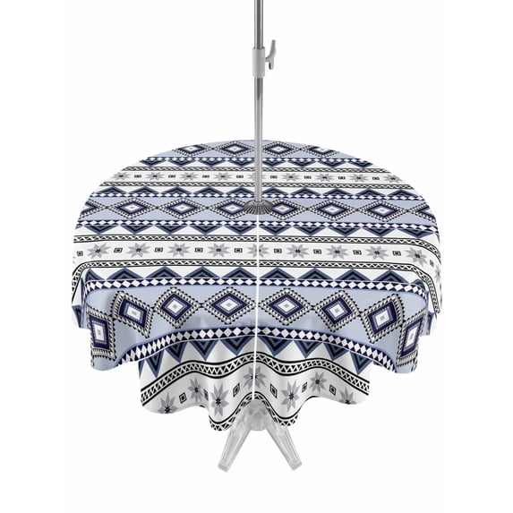 Outdoor Tablecloth with Umbrella Hole for Patio/Picnic/Party/Camping, Boho Blue Striped Waterproof Table Cloth Round Cover Washable, Ethnic Tribe Southwestern Diamond (Dia 54")