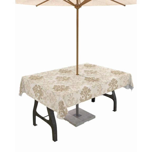 Outdoor Tablecloth with Umbrella Hole for Patio/Picnic/Party/Camping, Boho Ethnic Waterproof Table Cloth Rectangle Table Cover Washable, Brown Neutral Aesthetic Abstract Flowers 60"x 84"