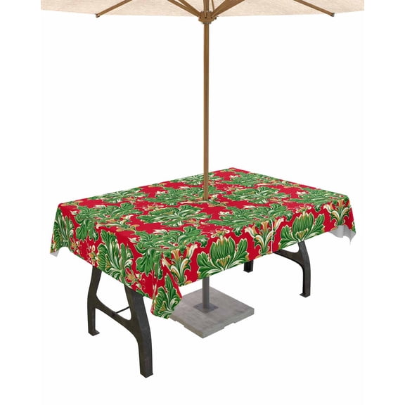 Outdoor Tablecloth with Umbrella Hole for Patio/Picnic/Party/Camping, Boho Ethnic Waterproof Table Cloth Rectangle Table Cover Washable, Red Green Flower Traditional Oriental Tribal (52"x 70")