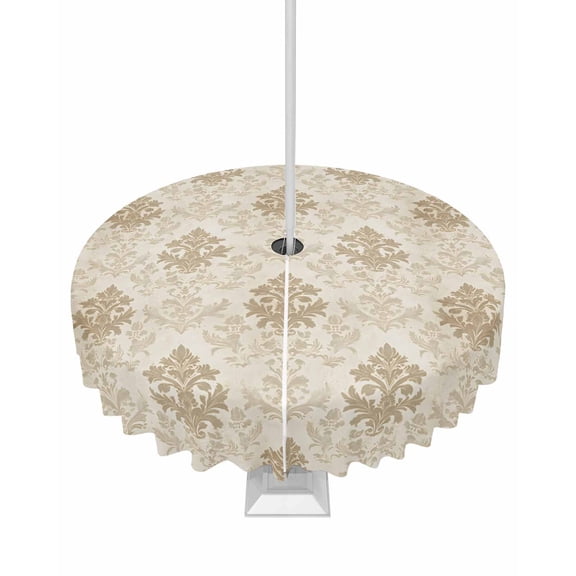 Outdoor Tablecloth with Umbrella Hole for Patio/Picnic/Party/Camping, Boho Ethnic Waterproof Table Cloth Round Cover Washable, Brown Neutral Aesthetic Abstract Flowers Dia 54"