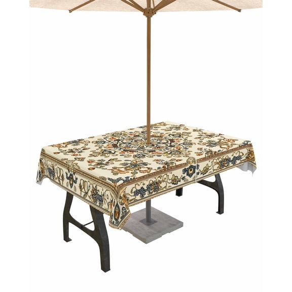 Outdoor Tablecloth with Umbrella Hole for Patio/Picnic/Party/Camping, Boho Floral Waterproof Table Cloth Rectangle Table Cover Washable, Modern Abstract Ethnic Tribal Patterns 52"x 70"