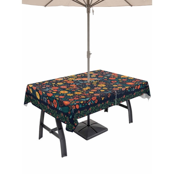 Outdoor Tablecloth with Umbrella Hole for Patio/Picnic/Party/Camping, Boho Flowers Waterproof Table Cloth Rectangle Table Cover Washable, Spring Abstract Watercolor Floral Leaf (52"x 70")