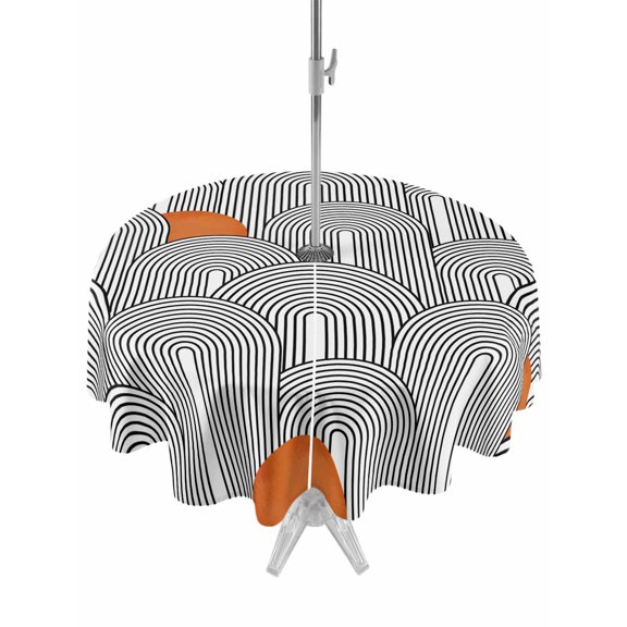 Outdoor Tablecloth with Umbrella Hole for Patio/Picnic/Party/Camping, Boho Geometric Waterproof Table Cloth Round Cover Washable, Modern Abstract Chic Bohemian Stripes (Dia 54")