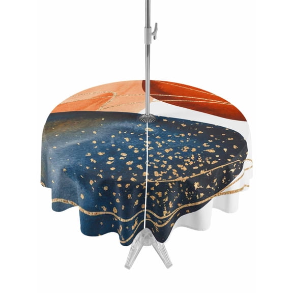 Outdoor Tablecloth with Umbrella Hole for Patio/Picnic/Party/Camping, Boho Geometric Waterproof Table Cloth Round Cover Washable, Orange Blue Abstract Patterned Gold Stripes (Dia 54")
