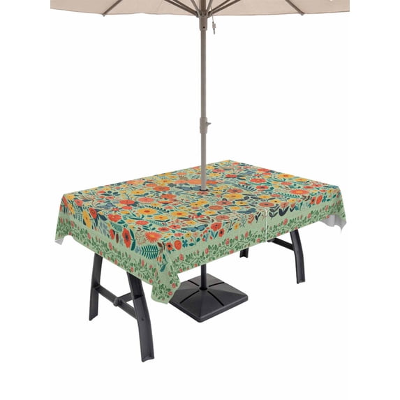 Outdoor Tablecloth with Umbrella Hole for Patio/Picnic/Party/Camping, Boho Green Flowers Waterproof Table Cloth Rectangle Table Cover Washable, Spring Abstract Watercolor Floral Leaf (60"x 120")