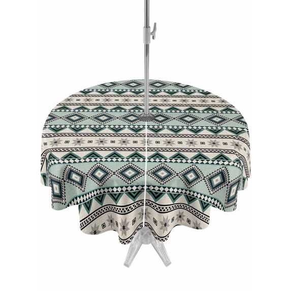 Outdoor Tablecloth with Umbrella Hole for Patio/Picnic/Party/Camping, Boho Green Striped Waterproof Table Cloth Round Cover Washable, Beige Ethnic Tribe Southwestern Vintage (Dia 54")