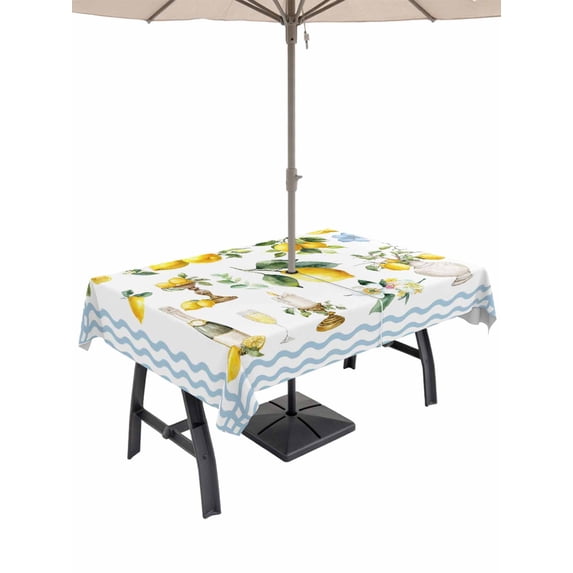 Outdoor Tablecloth with Umbrella Hole for Patio/Picnic/Party/Camping, Boho Lemons Waterproof Table Cloth Rectangle Table Cover Washable, Summer Yellow Fruits Flowers Leaf Blue Stripe (60"x 84")