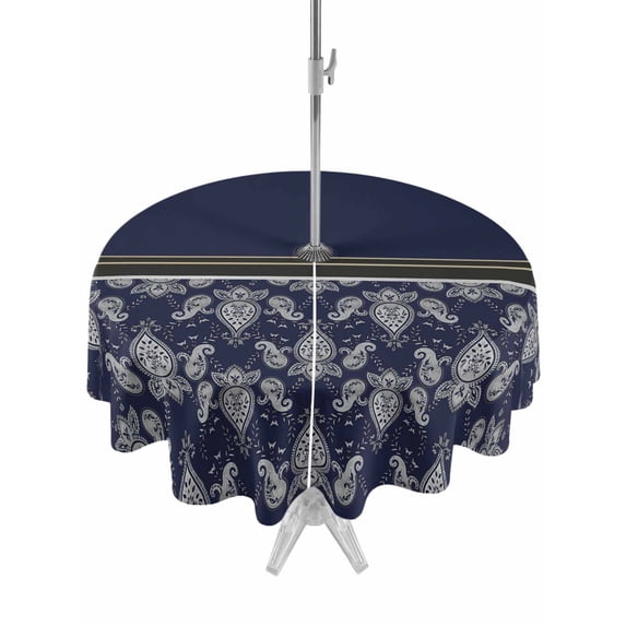 Outdoor Tablecloth with Umbrella Hole for Patio/Picnic/Party/Camping, Boho Navy Blue Flower Waterproof Table Cloth Round Cover Washable, Abstract Bohemia Pesley Floral (Dia 54")