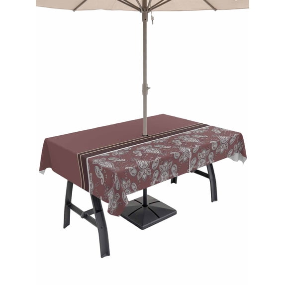 Outdoor Tablecloth with Umbrella Hole for Patio/Picnic/Party/Camping, Boho Red Brown Flower Waterproof Table Cloth Rectangle Table Cover Washable, Abstract Bohemia Pesley Floral (60"x 120")