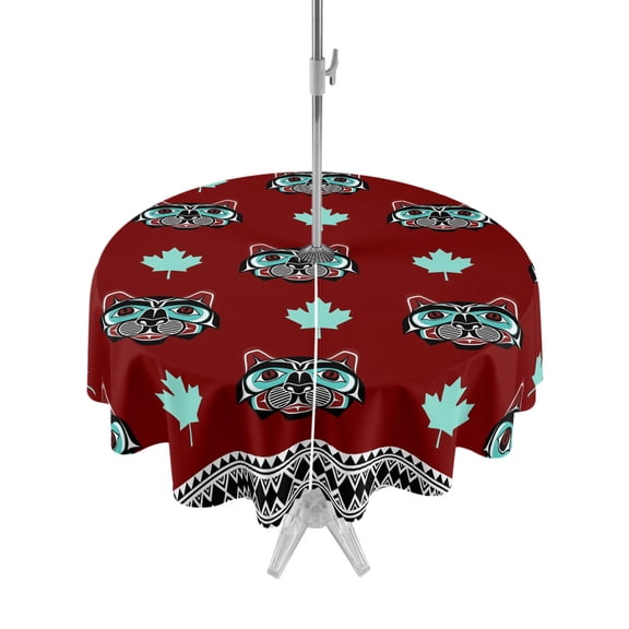 Outdoor Tablecloth with Umbrella Hole for Patio/Picnic/Party/Camping, Boho Southwest Waterproof Table Cloth Round Cover Washable, Red Native Bear Maple Leaf Geometric (Dia 54")