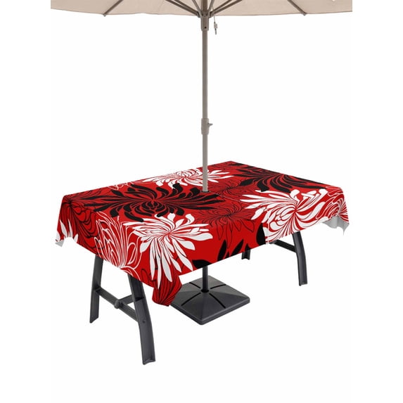 Outdoor Tablecloth with Umbrella Hole for Patio/Picnic/Party/Camping, Botanical Chrysanthemum Waterproof Table Cloth Rectangle Table Cover Washable, Abstract Spring Floral Red Black (52"x 70")