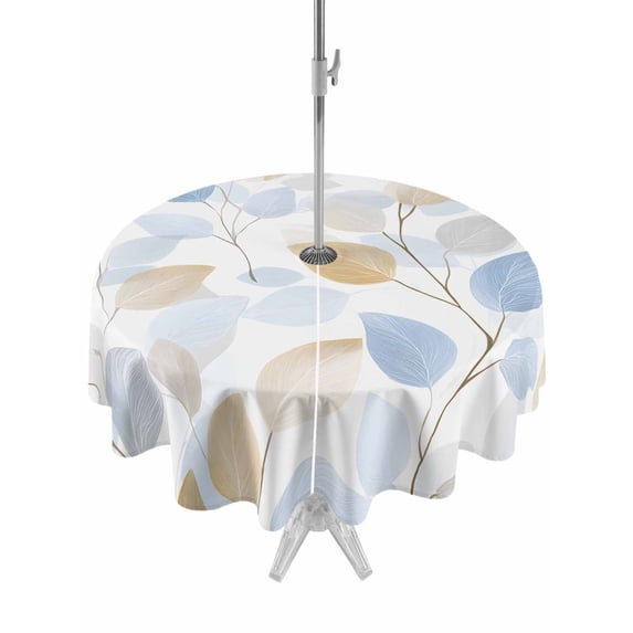 Outdoor Tablecloth with Umbrella Hole for Patio/Picnic/Party/Camping, Botanical Leaves Waterproof Table Cloth Round Cover Washable, Orange Gray Blue Leaf Branches Modern (Dia 54")