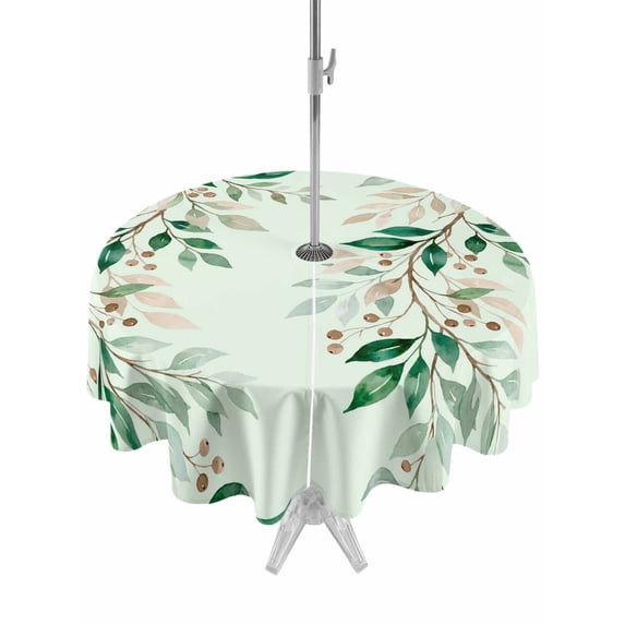 Outdoor Tablecloth with Umbrella Hole for Patio/Picnic/Party/Camping, Botanical Leaves Waterproof Table Cloth Round Cover Washable, Weeping Berry Spring Plants Summer (Dia 54")