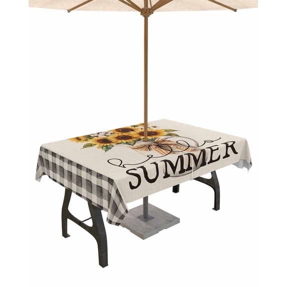 Outdoor Tablecloth with Umbrella Hole for Patio/Picnic/Party/Camping, Botanical Sunflowers Waterproof Table Cloth Rectangle Table Cover Washable, Vintage Floral Black White Plaid 54"x 80"