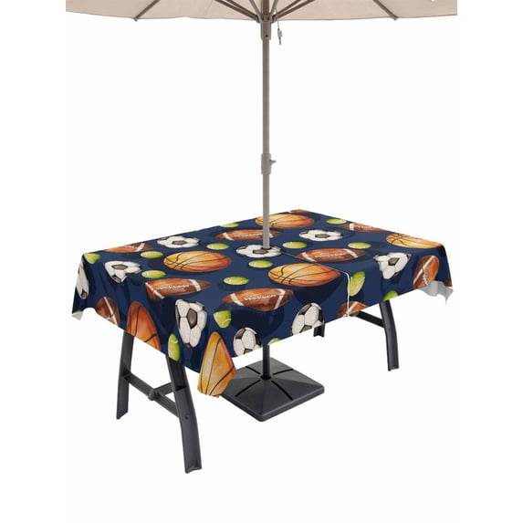Outdoor Tablecloth with Umbrella Hole for Patio/Picnic/Party/Camping, Brown Basketball Football Waterproof Table Cloth Rectangle Table Cover Washable, Ball Watercolor Navy Blue (54"x 80")