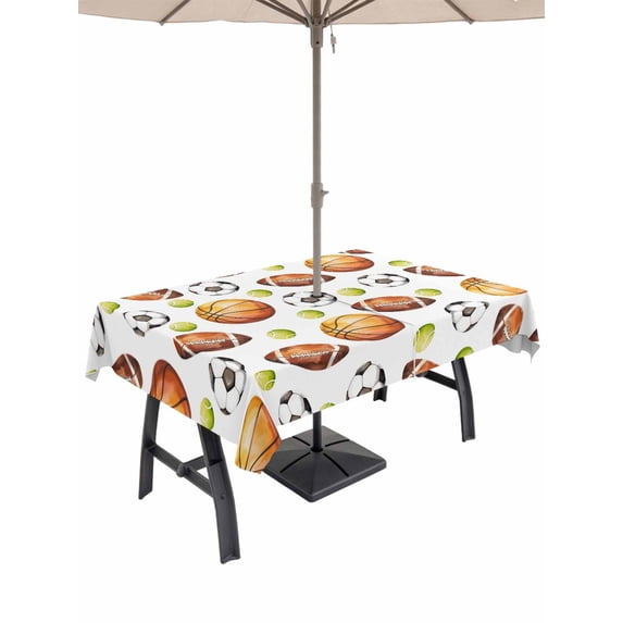 Outdoor Tablecloth with Umbrella Hole for Patio/Picnic/Party/Camping, Brown Basketball Football Waterproof Table Cloth Rectangle Table Cover Washable, Modern Art Ball Watercolor (60"x 102")