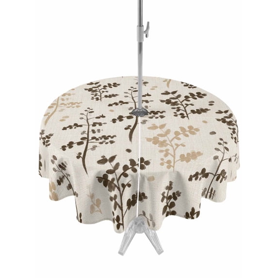 Outdoor Tablecloth with Umbrella Hole for Patio/Picnic/Party/Camping, Brown Beige Botanical Waterproof Table Cloth Round Cover Washable, Rustic Country Spring Floral Summer Leaf (Dia 54")
